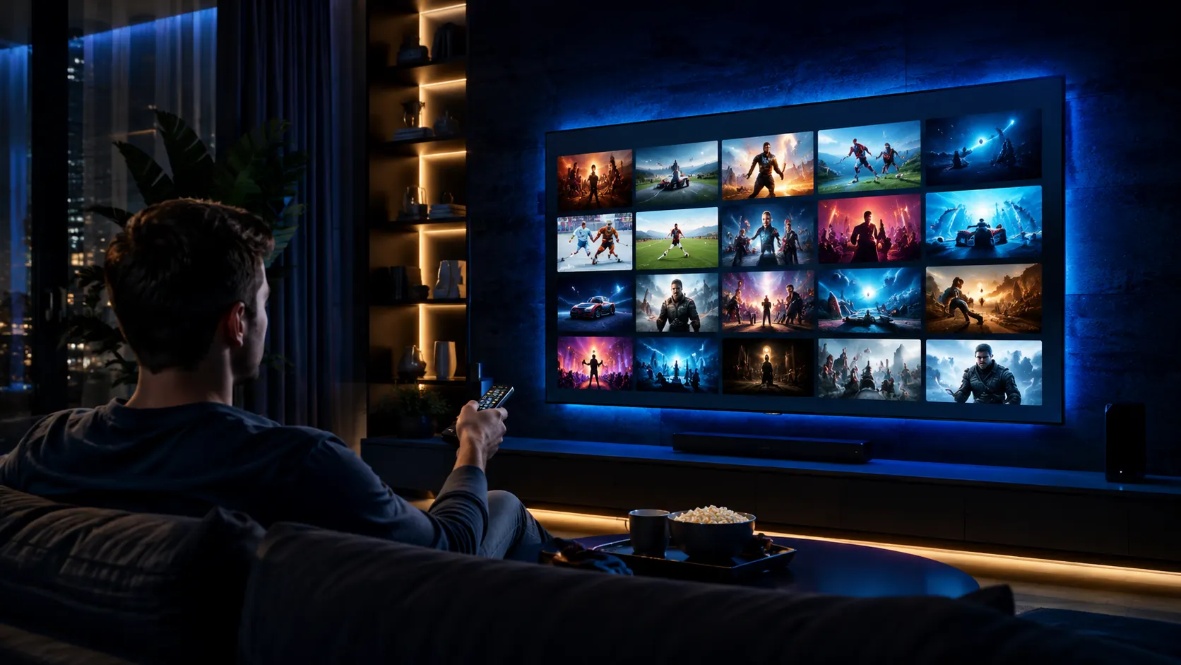 Mann auf dem Sofa mit Fernbedienung wählt aus dem bestes IPTV-Angebot auf einem 4K Smart TV in einem modernen dunklen Wohnzimmer in Deutschland