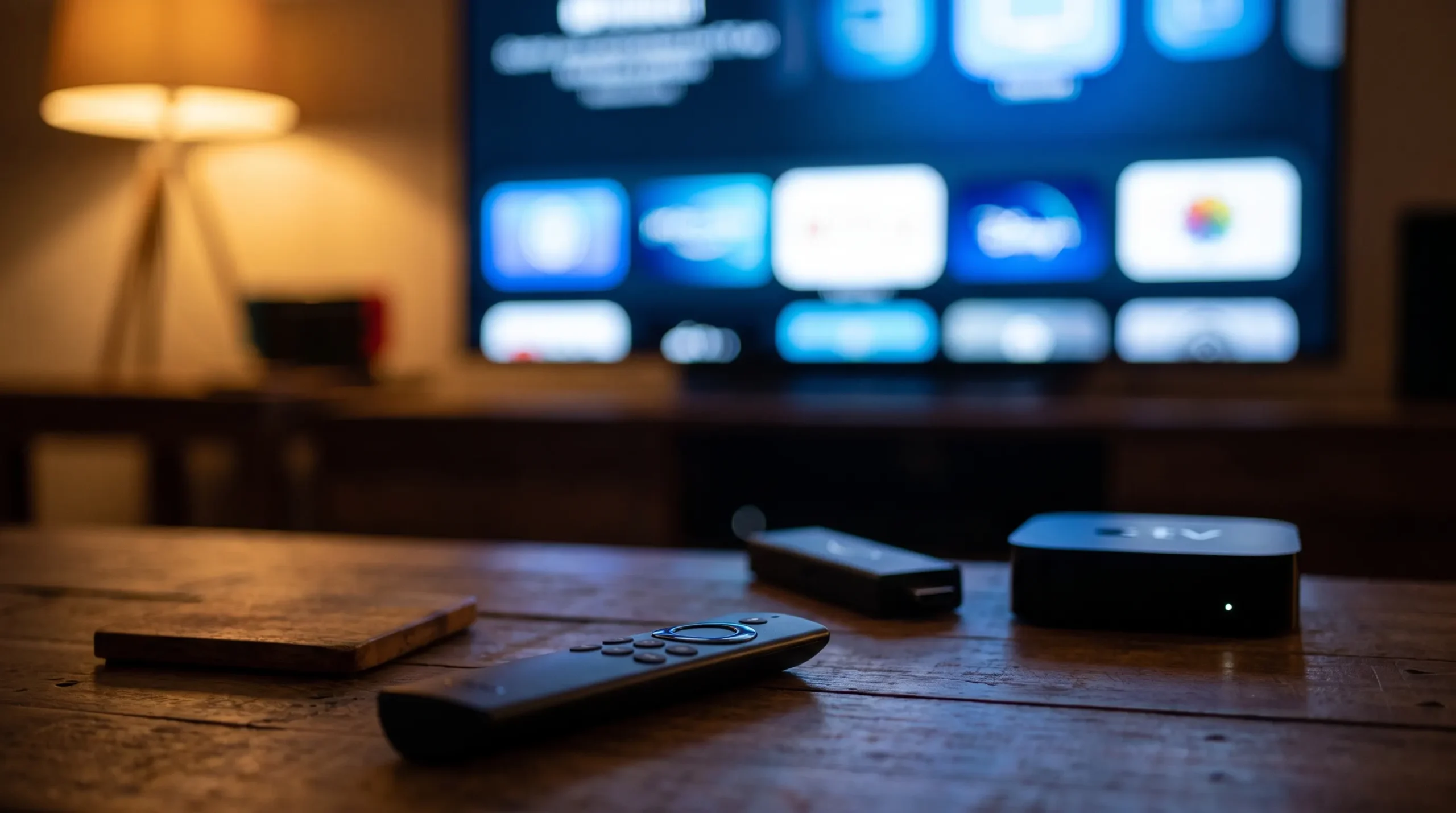 Afstandsbediening van een Smart TV met een Fire TV Stick en Apple TV op de achtergrond, tv scherm gloeit in een donkere woonkamer, symbool voor IPTV installeren